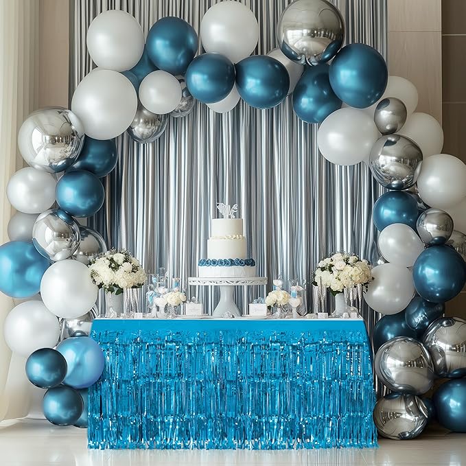 1 Pack Lake Blue Table Skirts, 29x108" Metallic Foil Tinsel Fringe Table Skirts for Rectangle Tables Streamer Curtains Backdrop, Party Decorations for Birthdays Weddings Holidays