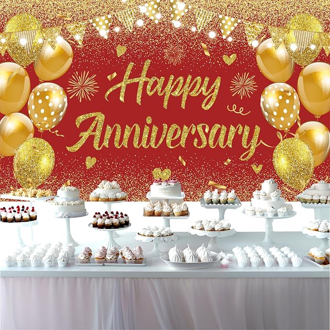 Wedding Anniversary Banner Red Gold Happy Decorations - Image 3