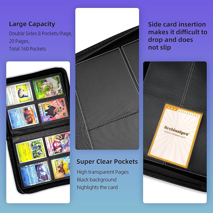 4 Pockets Premium Card Binder 160 Cards Trading Card Binders No Ring Card Storage Display Album(4 Pocket 160 Card Slot,White)