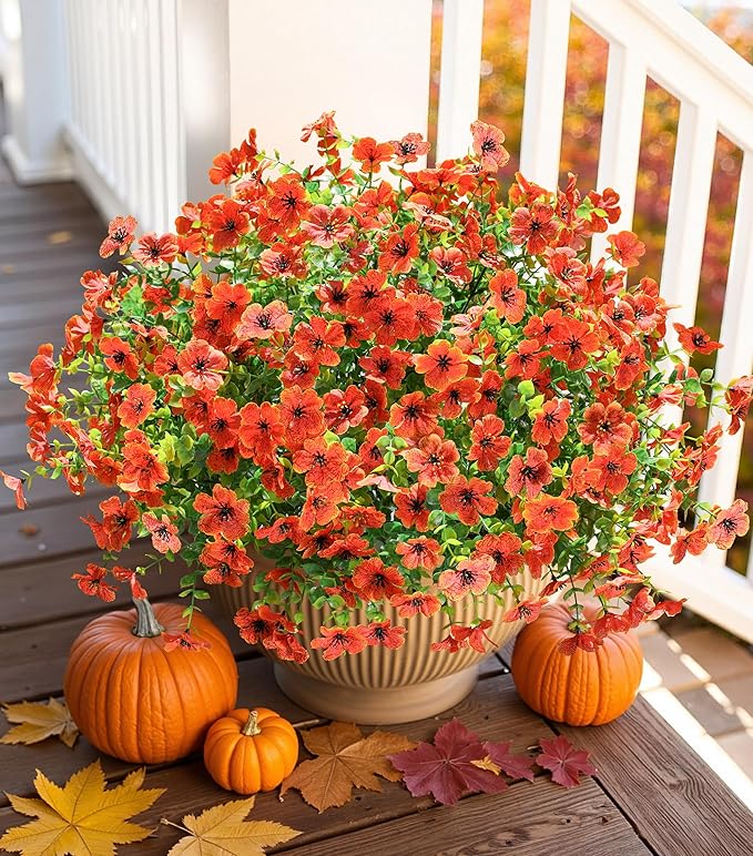 HyeFlora Artificial Flowers for Outdoor Indoor Garden Home Decoration, Faux Flower Daisy with Eucalyptus Leaves Fake Plants Greenery Boxwood Porch Patio, 12 Bundles Orange
