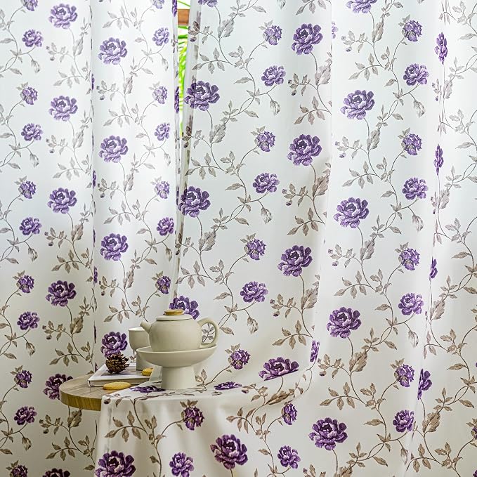 Beauoop Floral Sheer Curtains for Bedroom Purple Brown 52x96 2 Panels | Semi - Image 9
