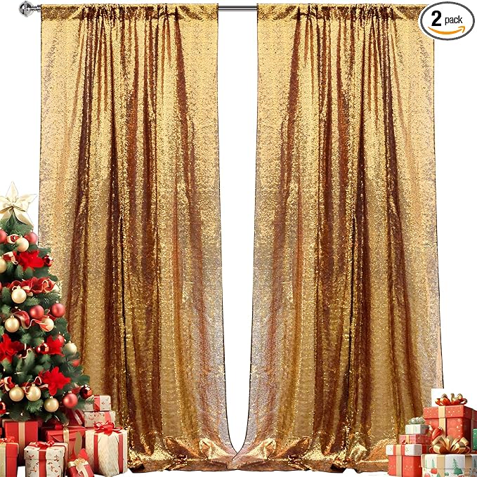 2×8FT-2PCS Black Gold Sequin Backdrop Curtains Panels, Photography Backdrop by Pufogu