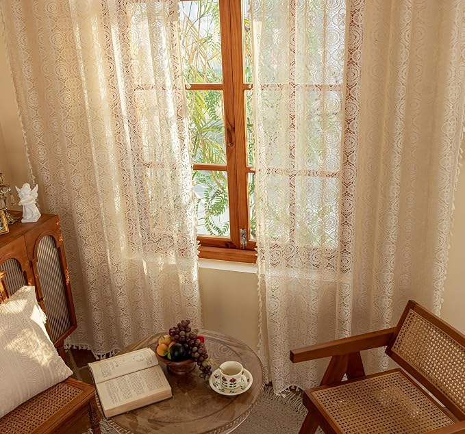 YJ YANJUN Boho Lace Curtains 80 inches Long 2 Panels -Vintage Floral Crochet - Image 4