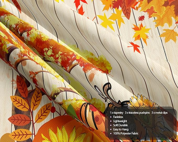 QGHOT Fall Tapestry Wall Hanging Autumn Photo Backdrop Rustic Orange Wood Tapestry Tree Maple Leaf Pumpkin Nature Landscape Country Tapestries for Bedroom Room Thanksgiving Decor (90.6"x70.9")