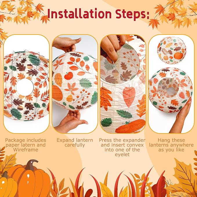 12PCS Fall Paper Lanterns Orange Maple Leaves Thanksgiving Decor | Orange - Image 4