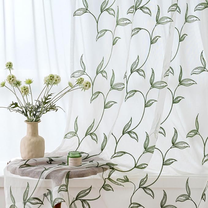 Sheer Curtains Boho Leaf Floral Embroidered Green 54Wx84L | Light Filtering by VISIONTEX