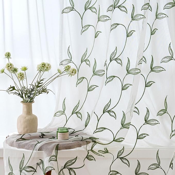 Sheer Curtains Boho Leaf Floral Embroidered Green 54Wx90L | Light Filtering by VISIONTEX