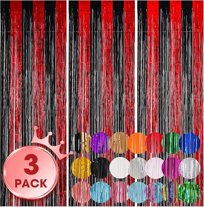 Voircoloria Red and Black Foil Fringe Backdrop Curtains, 3 Pack | Tinsel by Voircoloria