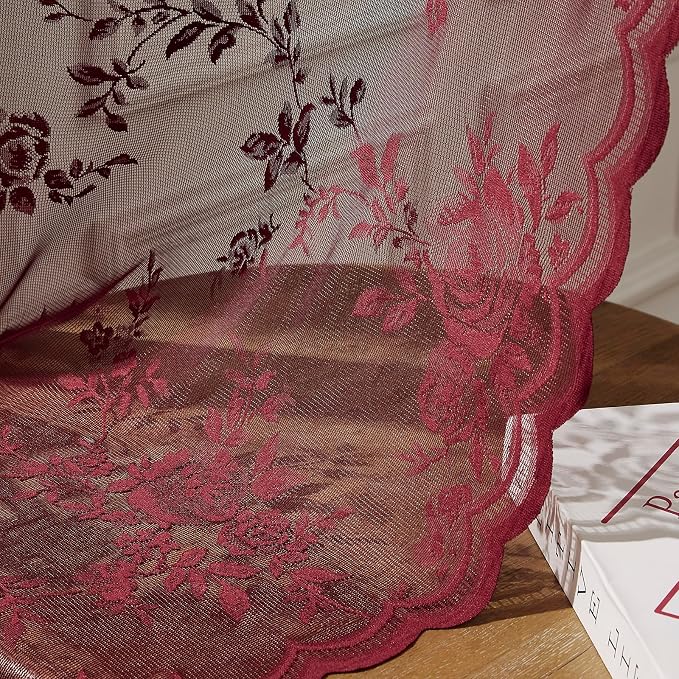 Burgundy Lace Curtains 54 Inch Length 2 Panels Romantic Floral Curtains - Image 6