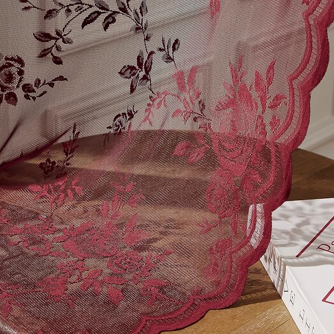 Burgundy Lace Curtains 84 Inches Long Vintage Floral Curtains 2 Panels - Image 6