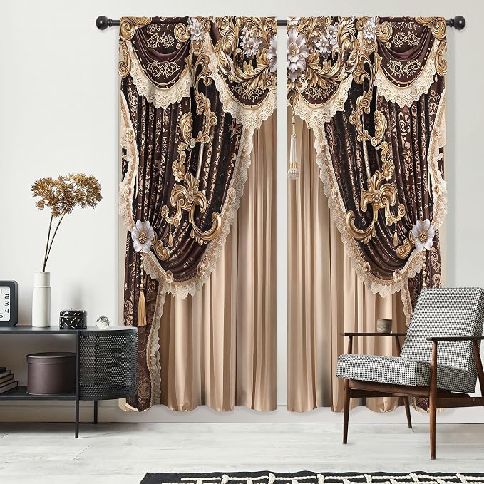 Brown Vintage Elegant Luxury No Tassel Living Room Bedroom Window Curtains | - Image 6