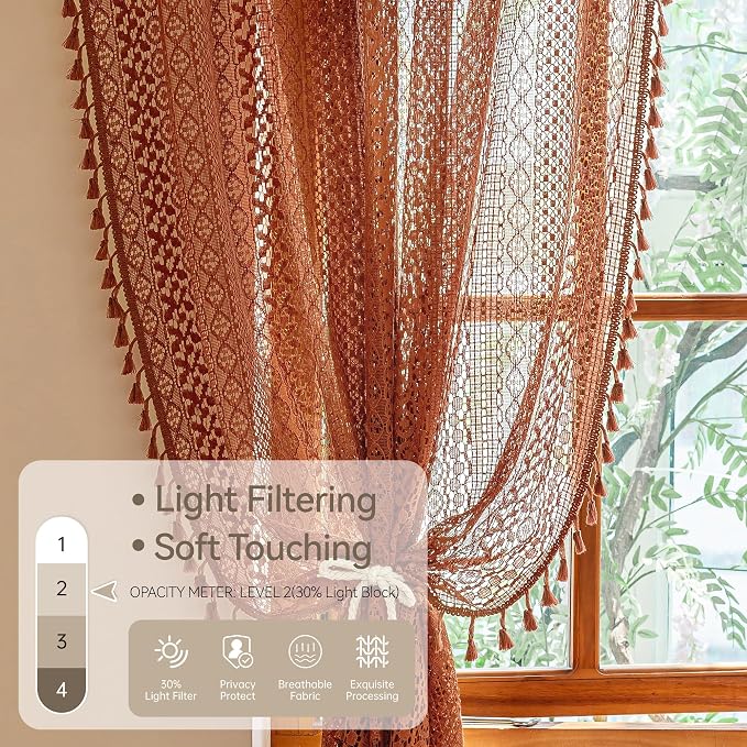 WAZZIO Boho Lace Curtains 63 Inches 2 Panel, Light Filtering Privacy Tassel & - Image 5
