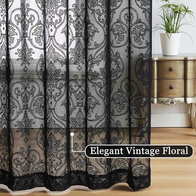 Black Lace Curtains 84 inch Damask Sheer Curtain Panels - Image 3