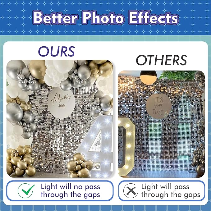Qcity Black Shimmer Wall Backdrop 48PCS, Black Back Not See-Through Design, Square Sequin Glitter Backdrop Panel, Perfect for Outdoor Events, Birthdays, Wedding and Party Decoration