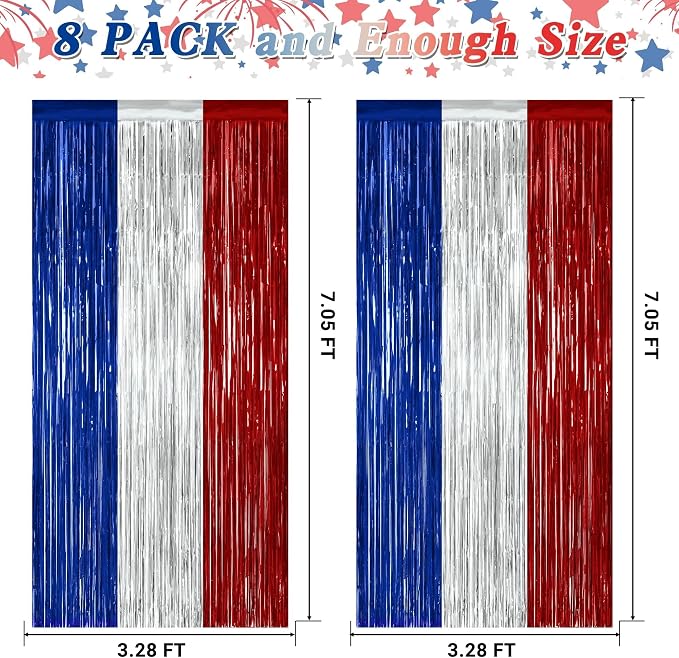 ZATAYE 8 Pack Blue Silver Red Foil Curtain Streamer Decorations | Blue Silver - Image 2
