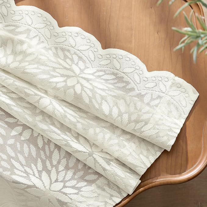 MIULEE Vintage Floral Scalloped Lace Curtains 2 Panels, Ivory 52" W x 54" L | - Image 5