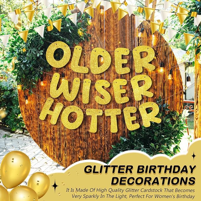 Fulmoon Set of 3 Pre Strung Older Wiser Hotter Glitter Banner Funny Birthday - Image 5