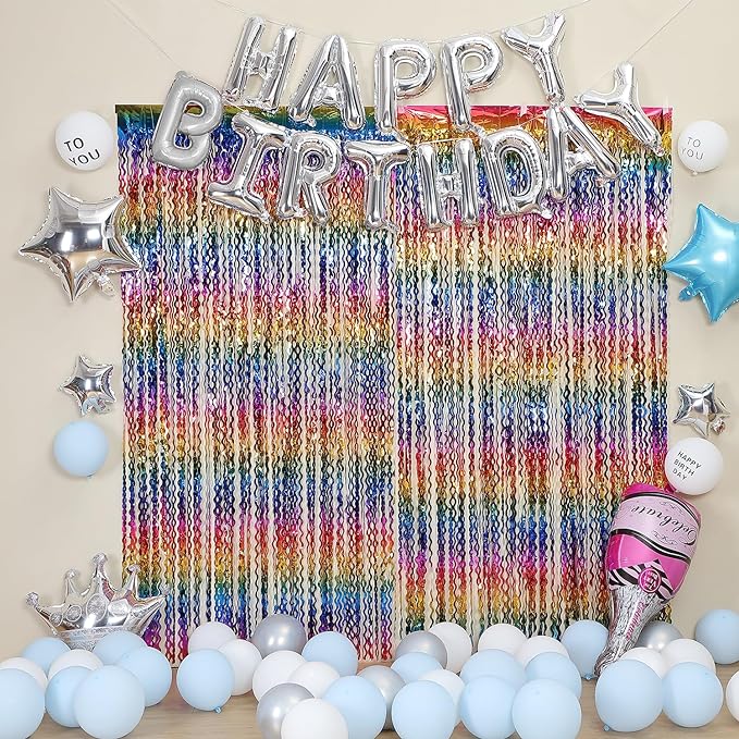 3 Pack Colorful Foil Fringe Curtain Backdrop - 6.6 x 3.3 ft Wavy Rainbow Tinsel Backdrop Curtain Metallic Streamers Iridescent Holiday Photo Booth Party Decorations