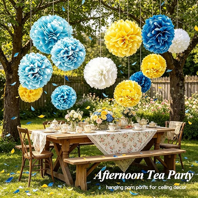 AimtoHome Blue Yellow White Paper Flower Pom Poms, 6/8/10 Inch Assorted Sizes - Image 2