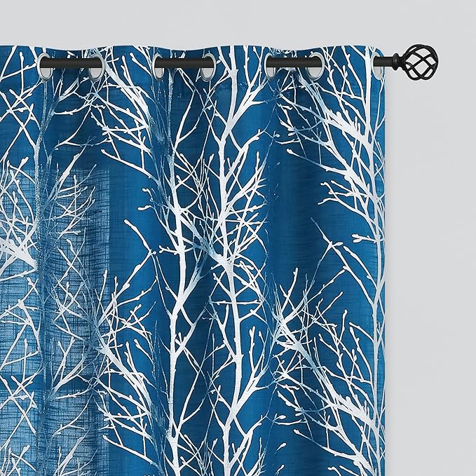 FMFUNCTEX Linen Silver Navy Blue Semi Sheer Print Curtains 63 Inch 2 Panels | by Fmfunctex