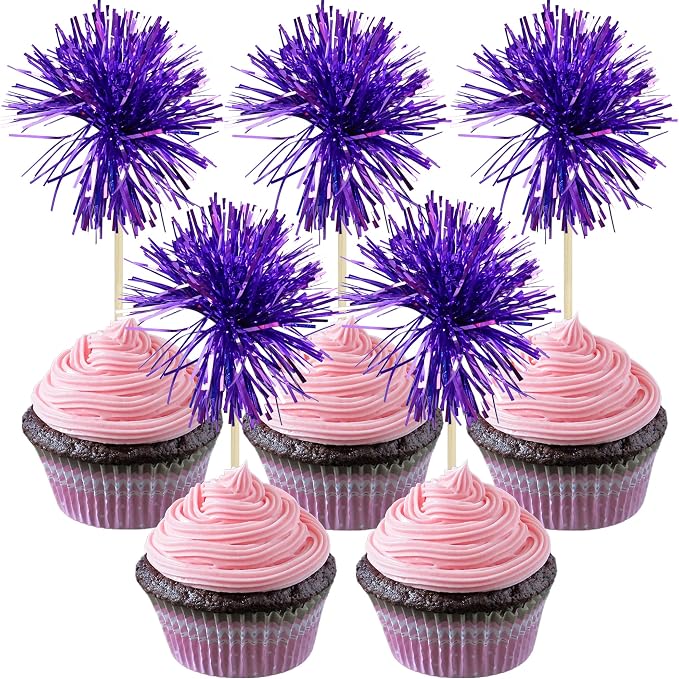 Gyufise 30Pcs Foil Firework Cupcake Toppers Sparkle Tinsel Cake Toppers Tinsel by Gyufise