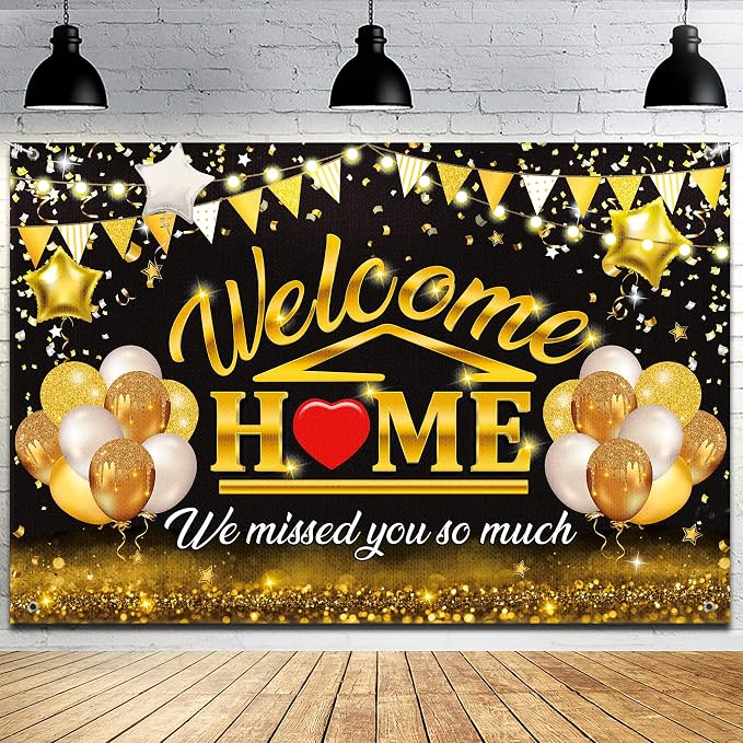 Welcome Back Backdrop Banner Home Decorations Black Gold Homecoming Welcome by GREHUMOR