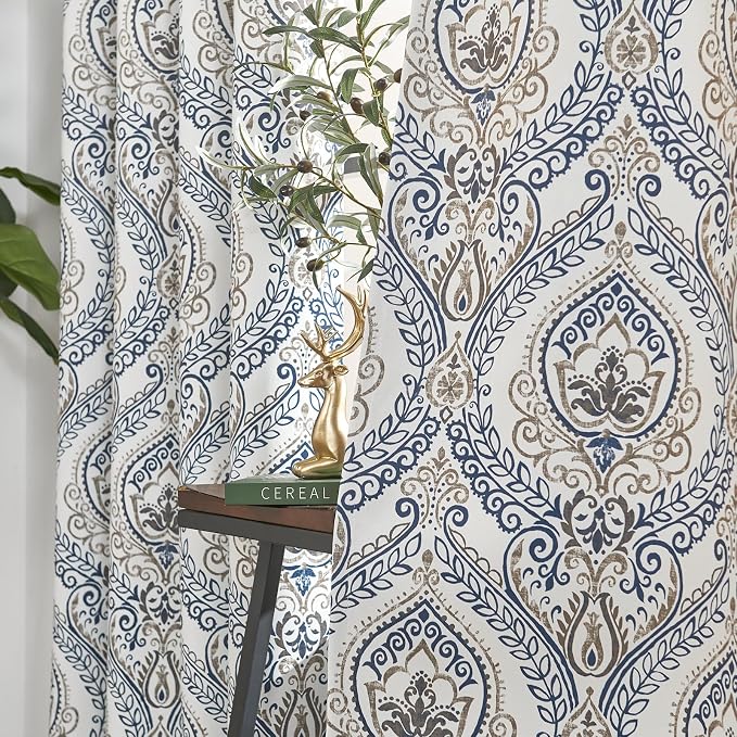 jinchan Blue Blackout Curtains 90 Inch Damask Vintage Grommet 2 Panels | Room - Image 7