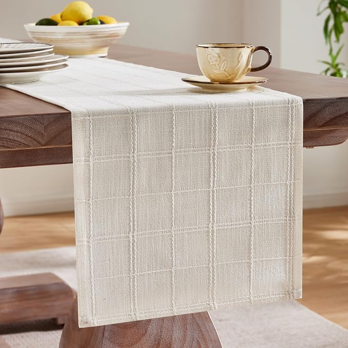 Linen Checked Farmhouse Table Runner, 13x72 Inches Ivory | Raised Grid Design - Image 4