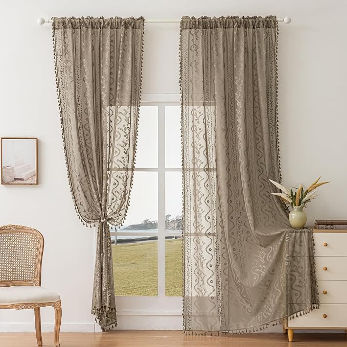 WAZZIO Boho Lace Curtains 2 Panels 84 Inch -Victorian Sheer Panel Drape French - Image 2