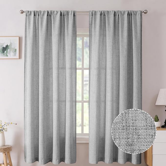 Tollpiz Short Linen Curtains Bedroom Rod Pocket Semi Sheer Curtain Burlap Light by Tollpiz