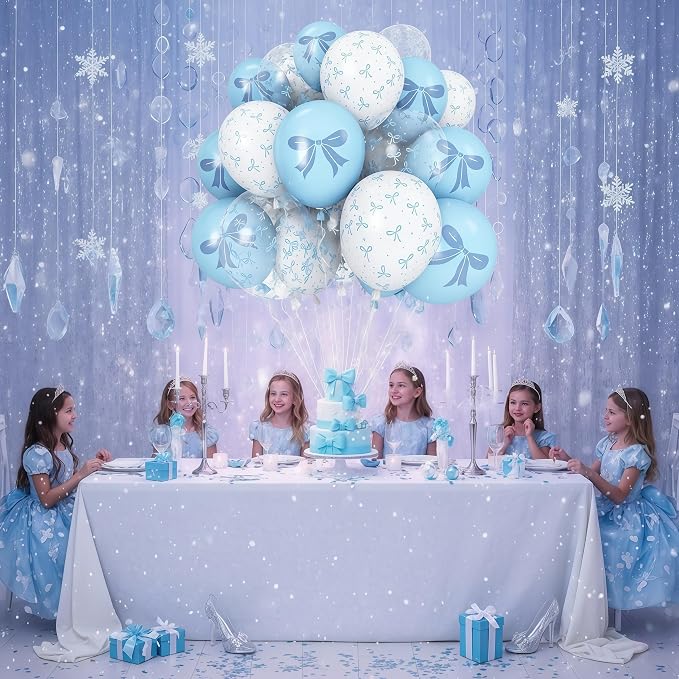 Blue and White Balloons Set, 12 Inch Light Baby Blue White Clear Bow Latex - Image 9
