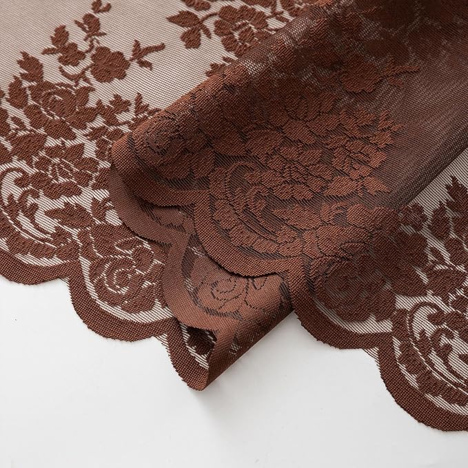Kotile Warm Brown Lace Curtains Rustic Floral 42 x 72 Inch, 2 Panels | Rod - Image 6