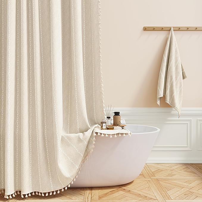 Cream Boho Farmhouse Linen Heavy Duty Shower Curtain Set, Water Repellent by ShowerCurtain