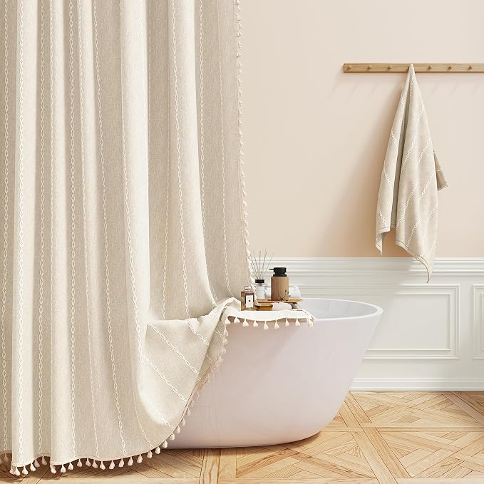 72x96 Extra Long Boho Linen Heavy Duty Shower Curtain Set, Cream/Beige | Extra by ShowerCurtain