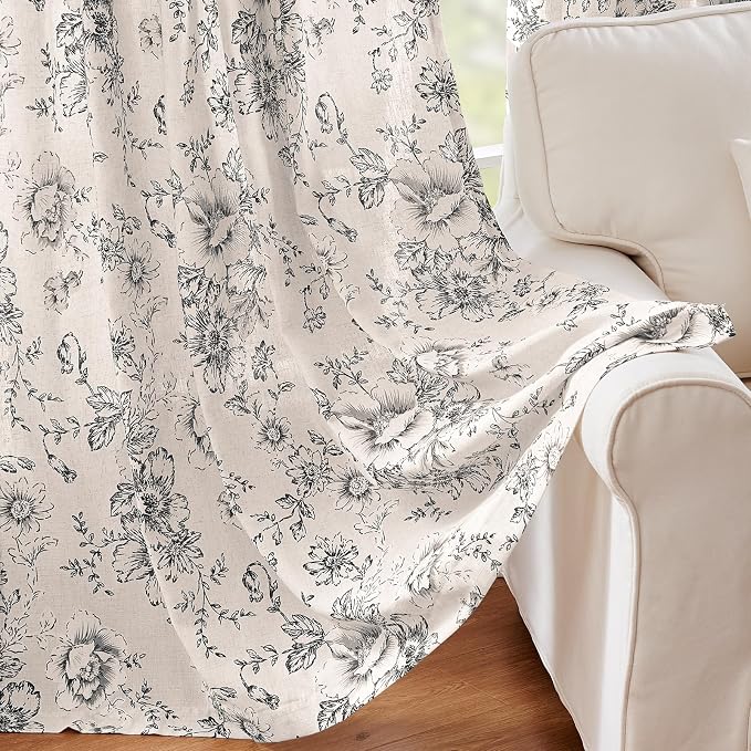 jinchan Black Floral Linen Curtains 45 Inch Vintage Back Tab 2 Panels | Light - Image 5