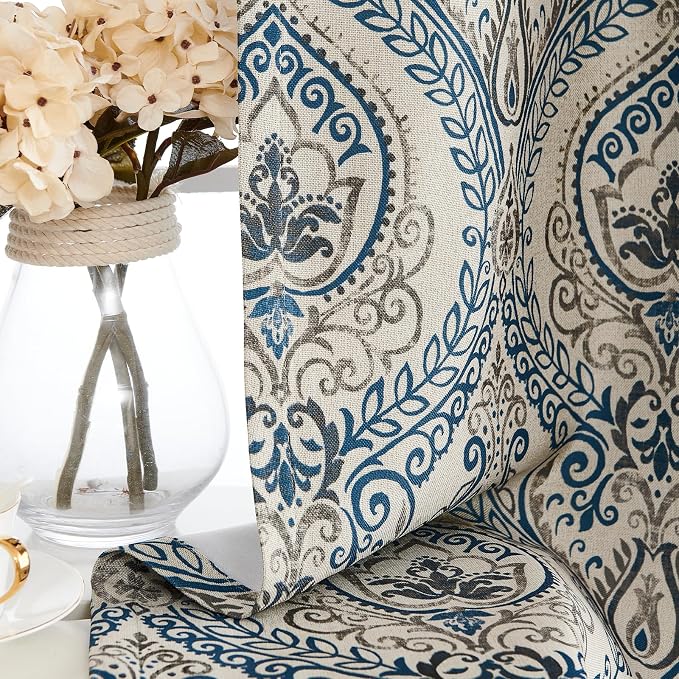 Navy Paisley Linen Textured Curtains 63 in Vintage Grommet 2 Panels | Room - Image 9
