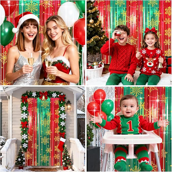 2 Packs Christmas Foil Fringe Curtain, Glitter Red Green Snowflake Metallic - Image 4