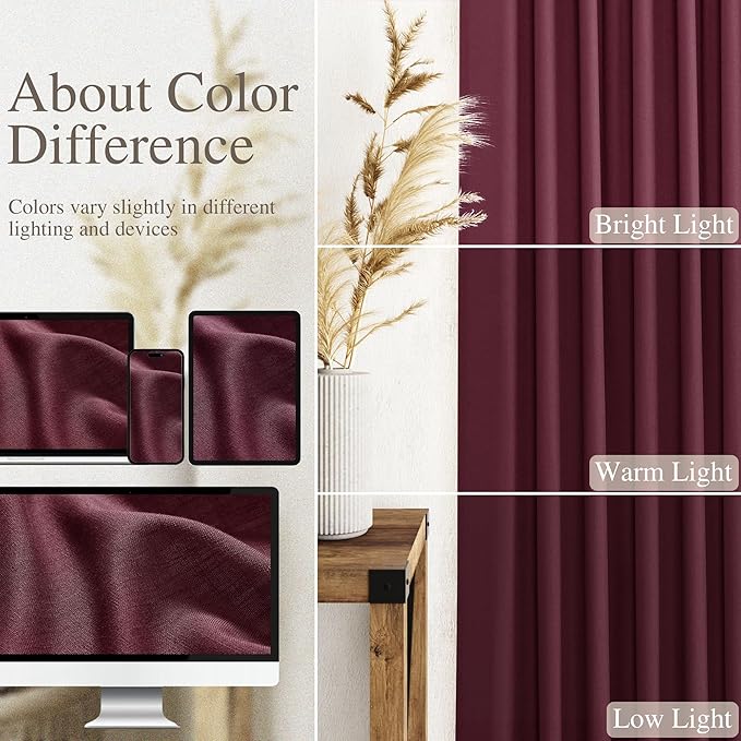 Burgundy Linen Curtains Semi Sheer 96 Inches Long 2 Panels Set - Image 3