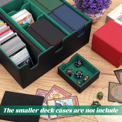 Leather Magnetic Card Storage Box for Trading Cards, Holds 5 MTG Deck Boxes, with 13 Dividers & Dice Tray
