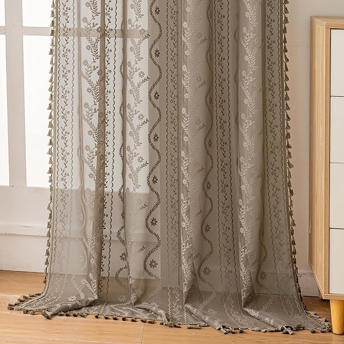 WAZZIO Boho Lace Curtains 2 Panels 63 Inch -Victorian Sheer Panel Drape French by WAZZIO