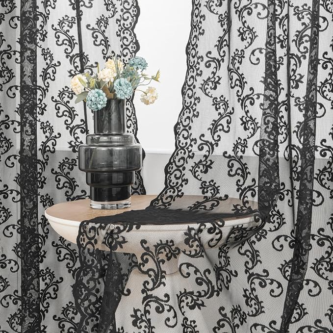 Black Lace Curtains 72 Inches Long 2 Panels Modern Vintage Paisley Floral Sheer - Image 4
