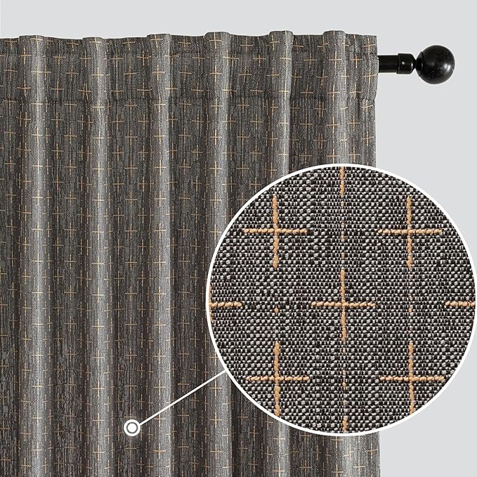 MIULEE Patterned Farmhouse Linen Curtains, Back Tab, Dark Grey | Linen Curtains by MIULEE