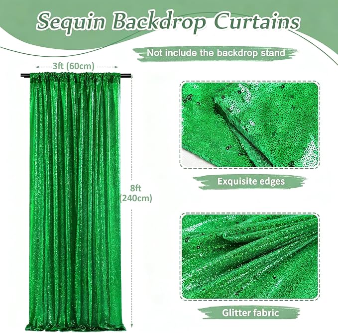 Green Sequin Backdrop Curtains-2 Panels 3FTx8FT Green Backdrop - Image 3