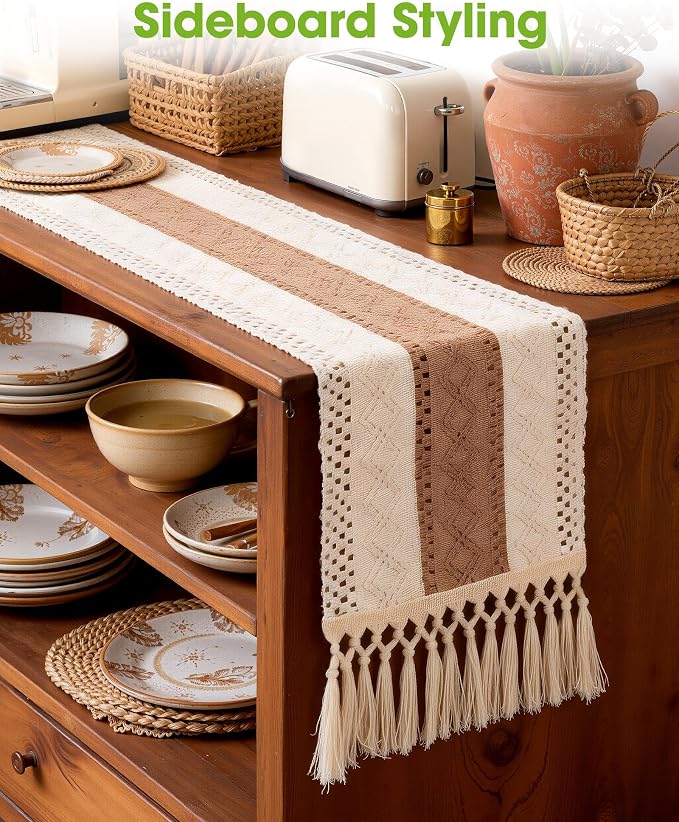 Pureegg Boho Table Runner 12 x 36 Inch, Woven Tassel Design | Dining Table - Image 6