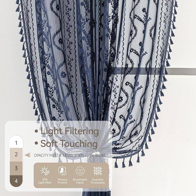 WAZZIO Boho Lace Curtains 2 Panels 84 Inch -Victorian Sheer Panel Drape French - Image 5