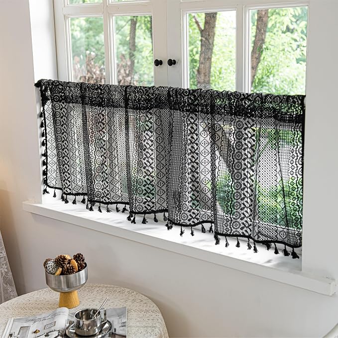 Sutuo Home Black Boho Valance Curtains Crochet Lace Sheer Bohemian Hollow - Image 2