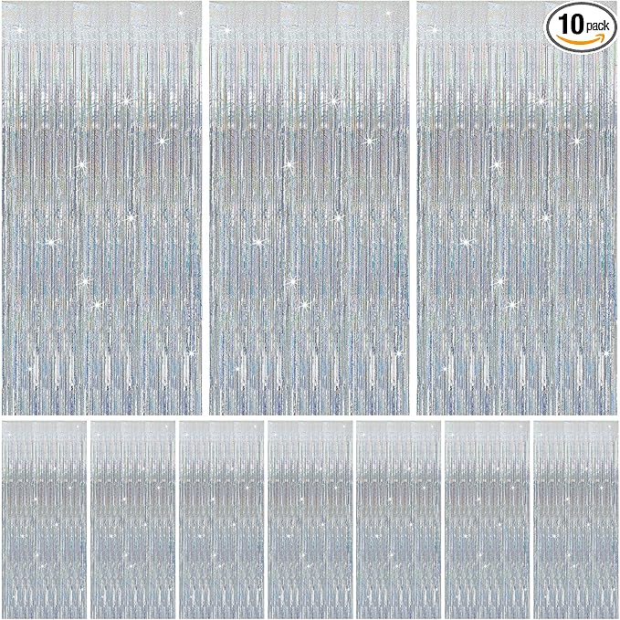 10 Pack Silver Tinsel Foil Fringe Curtains Party Decorations Streamers for Christmas Birthday Bachelorette Party Wedding Baby Shower Decor