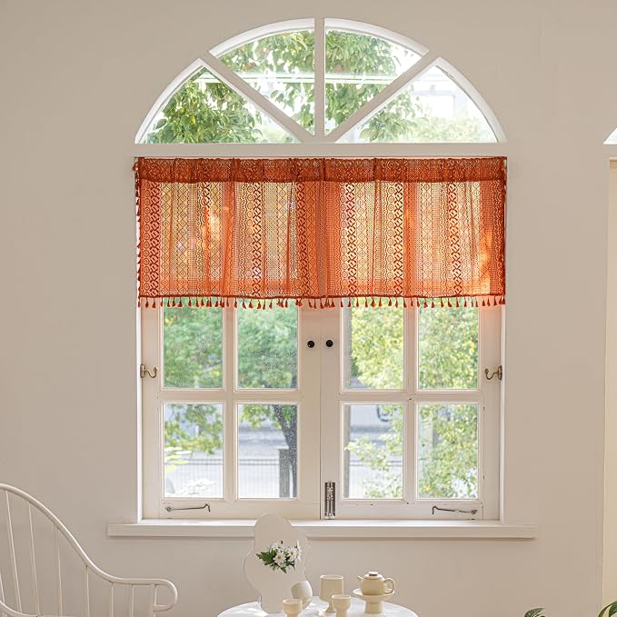 Sutuo Home Terracotta Boho Curtains Crochet Sheer Bohemian Hollow Knitted by SutuoHome
