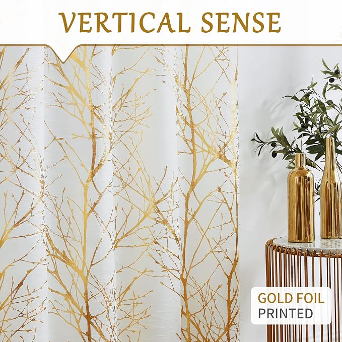 FMFUNCTEX Linen Gold White Semi Sheer Print Curtains 54 Inch Long 2 Panels | - Image 7