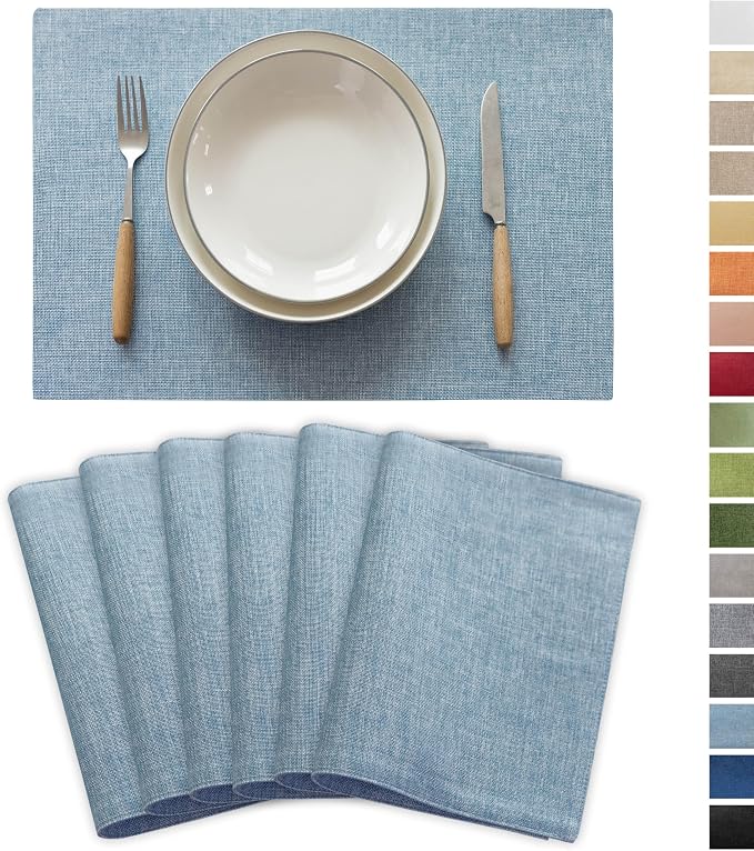 Demetex Blue Placemats Set of 6 Heat Resistant Farmhouse Burlap Placemats by DEMETEX